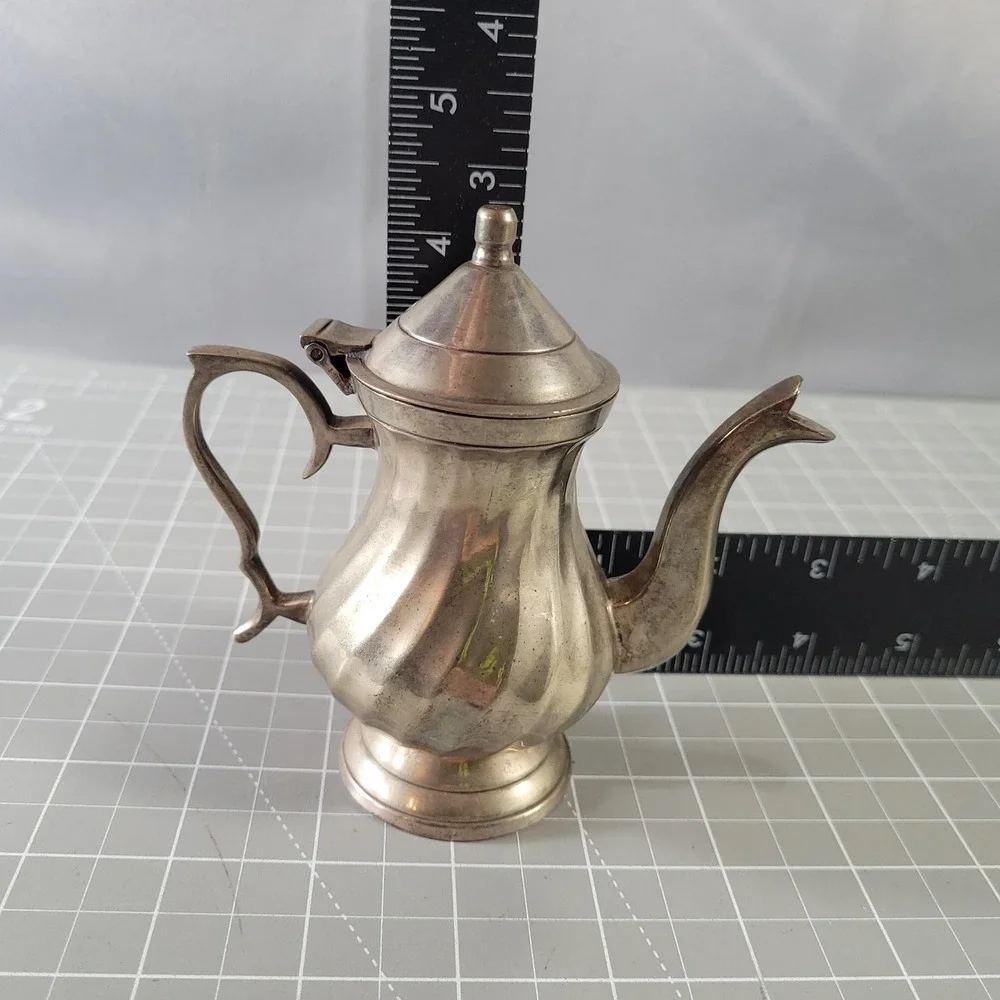 Mini Silver Brass Metal Teapot Coffee Pot Hinged Lid Victorian Style India Decor